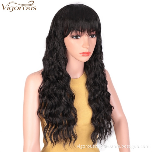 Vigorous Body Wave Synthetic Wigs with Hair Bangs Heat Resistant Fiber Long Wavy Wigs Black Women African American Wigs